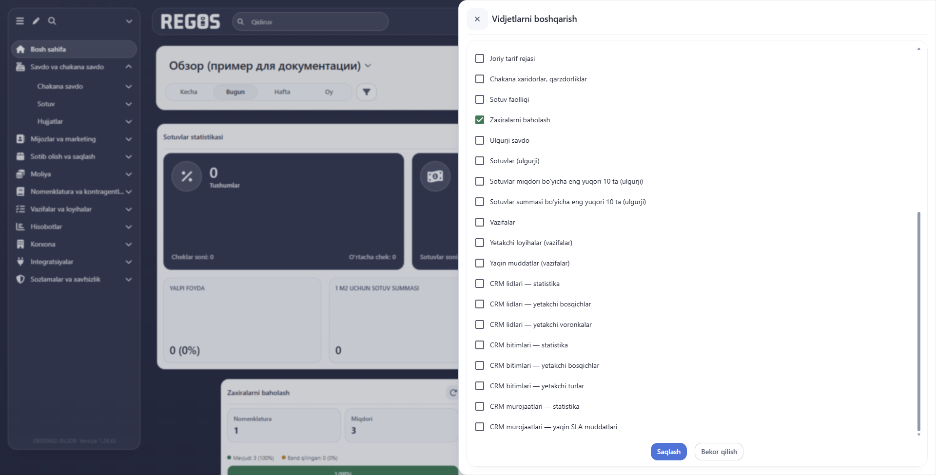 Vidjetlar ro‘yxatining quyi qismi: vazifalar va CRM