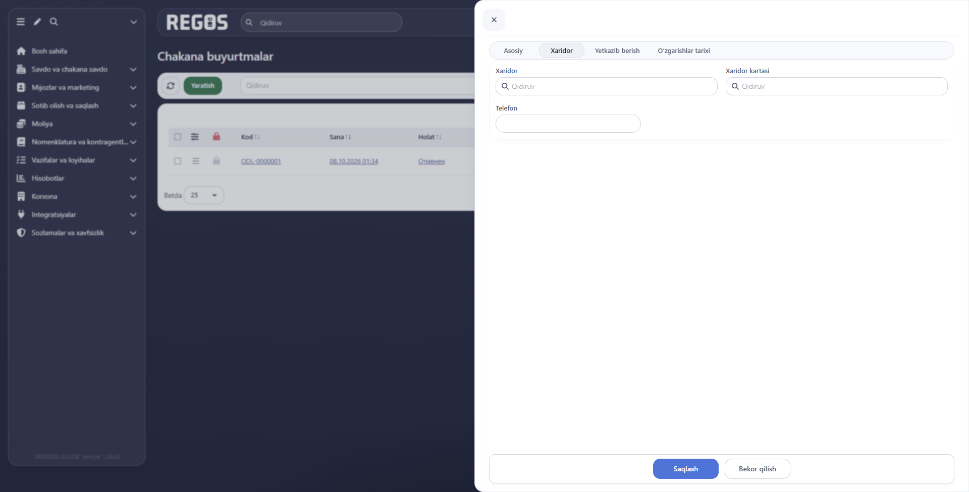 Xaridor, xaridor kartasi va telefon maydonlari