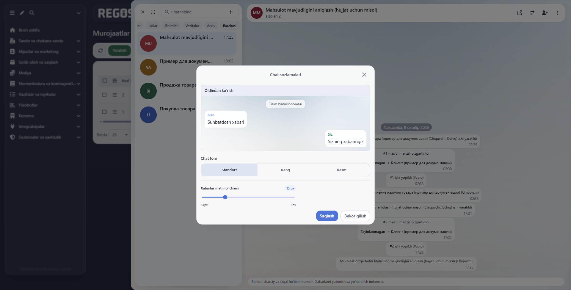 Chat foni va matn o‘lchami sozlamalari hamda oldindan ko‘rish