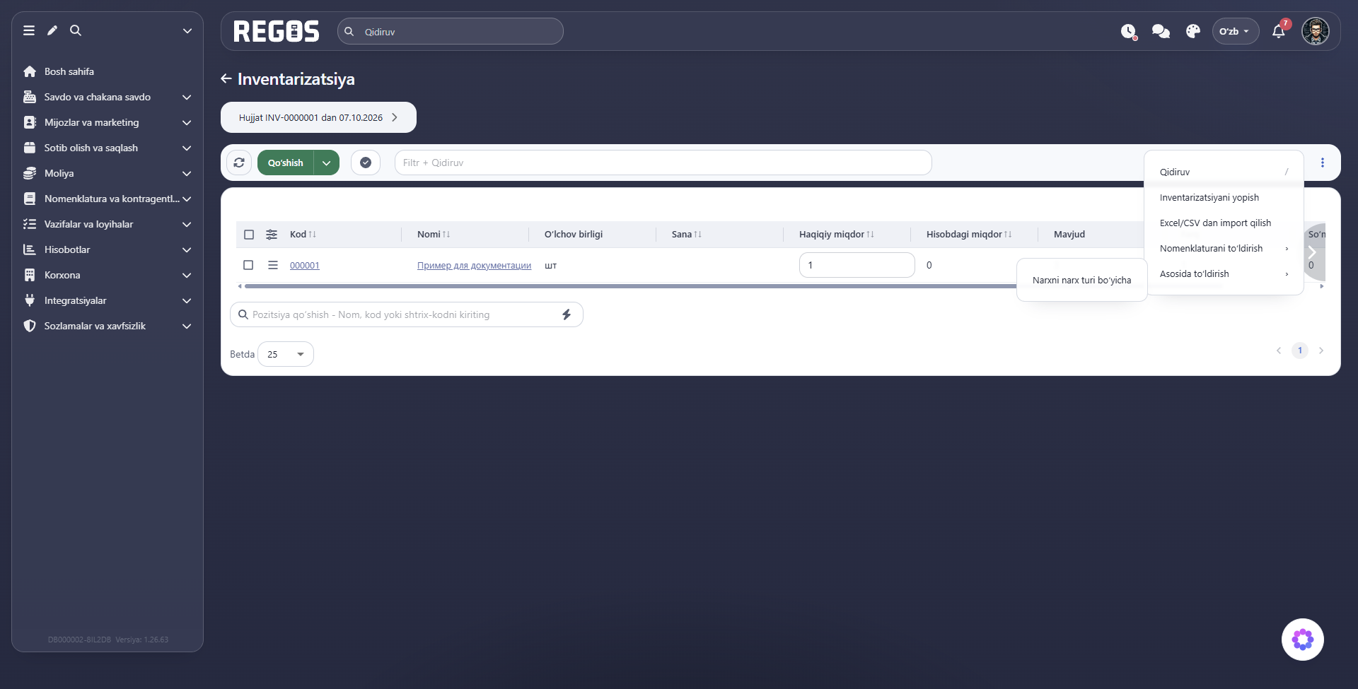 Inventarizatsiyada narx turi bo‘yicha narxni to‘ldirish