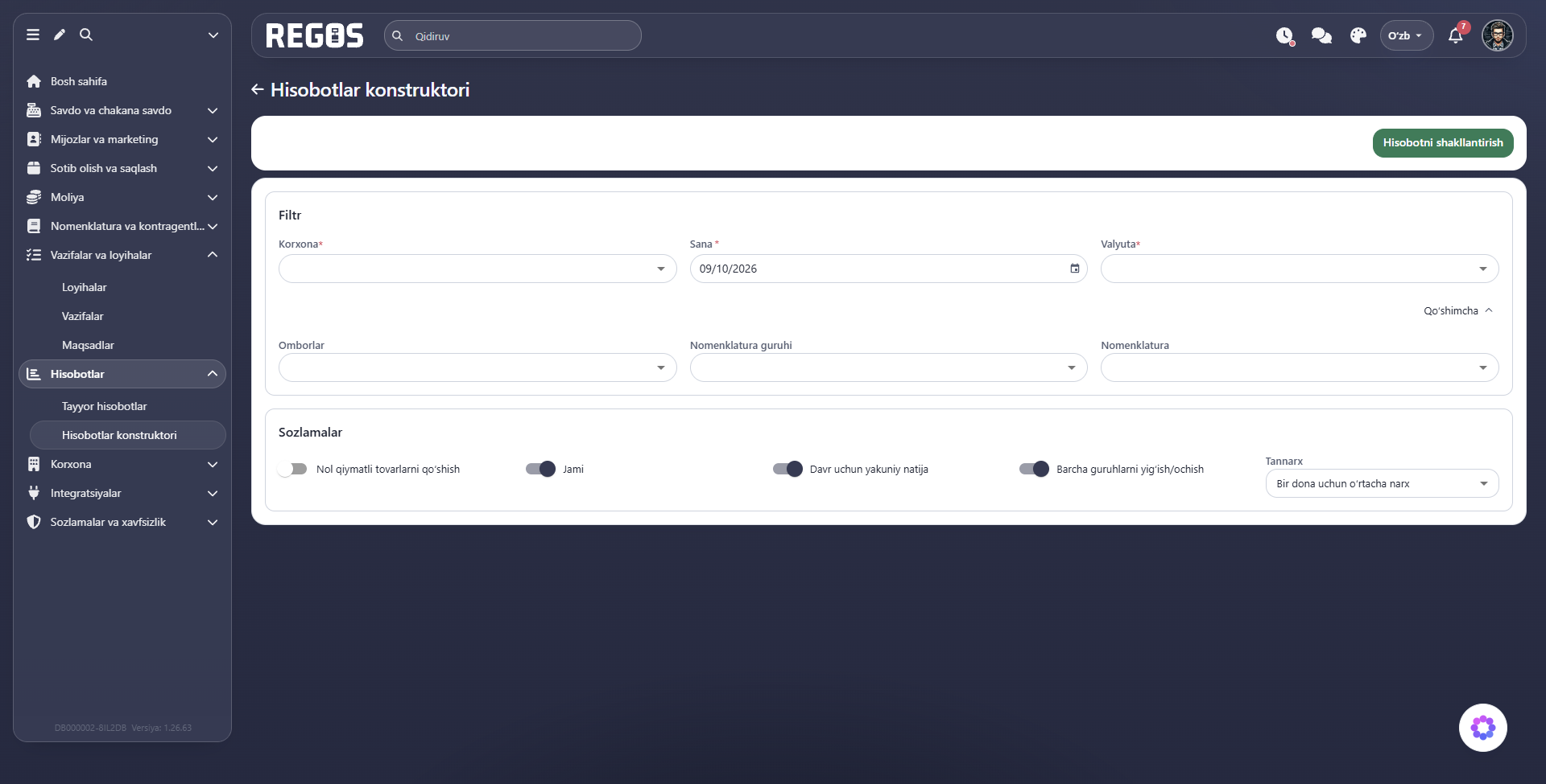 Hisobot filtrlari va qo‘shimcha saralash shartlari
