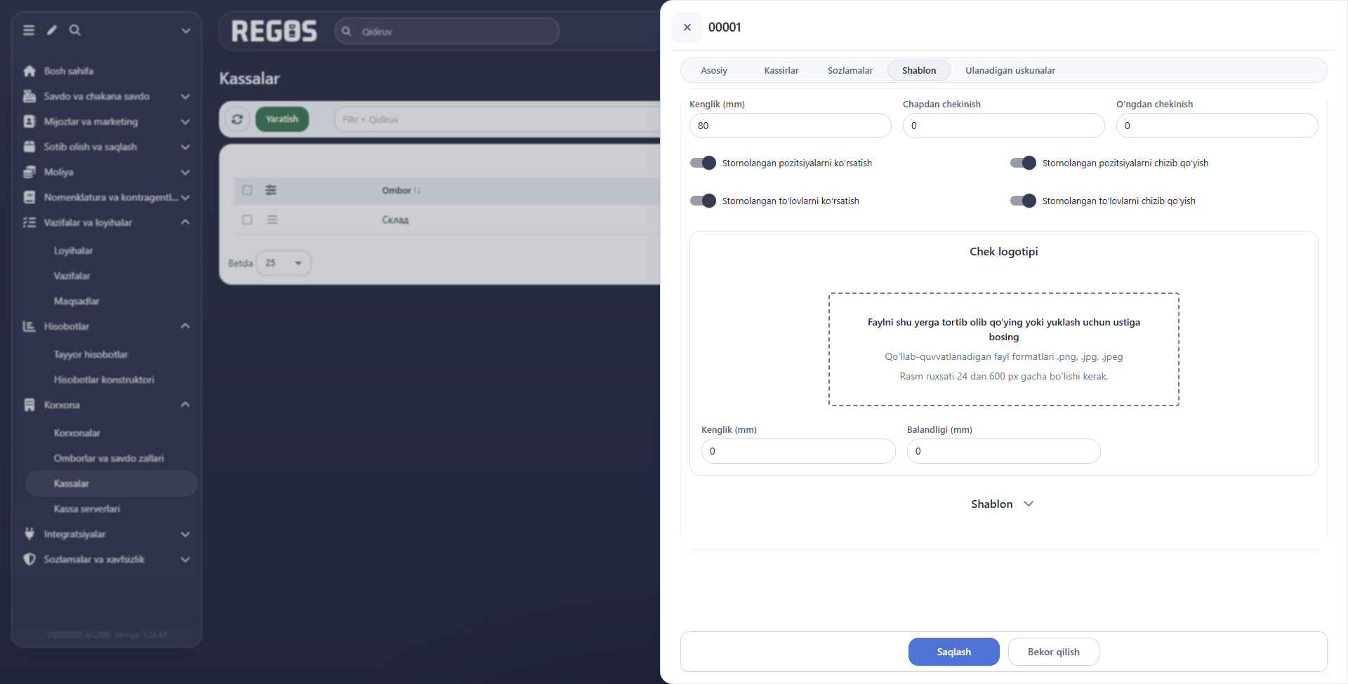 Chek ko‘rinishi va logotip yuklash parametrlari